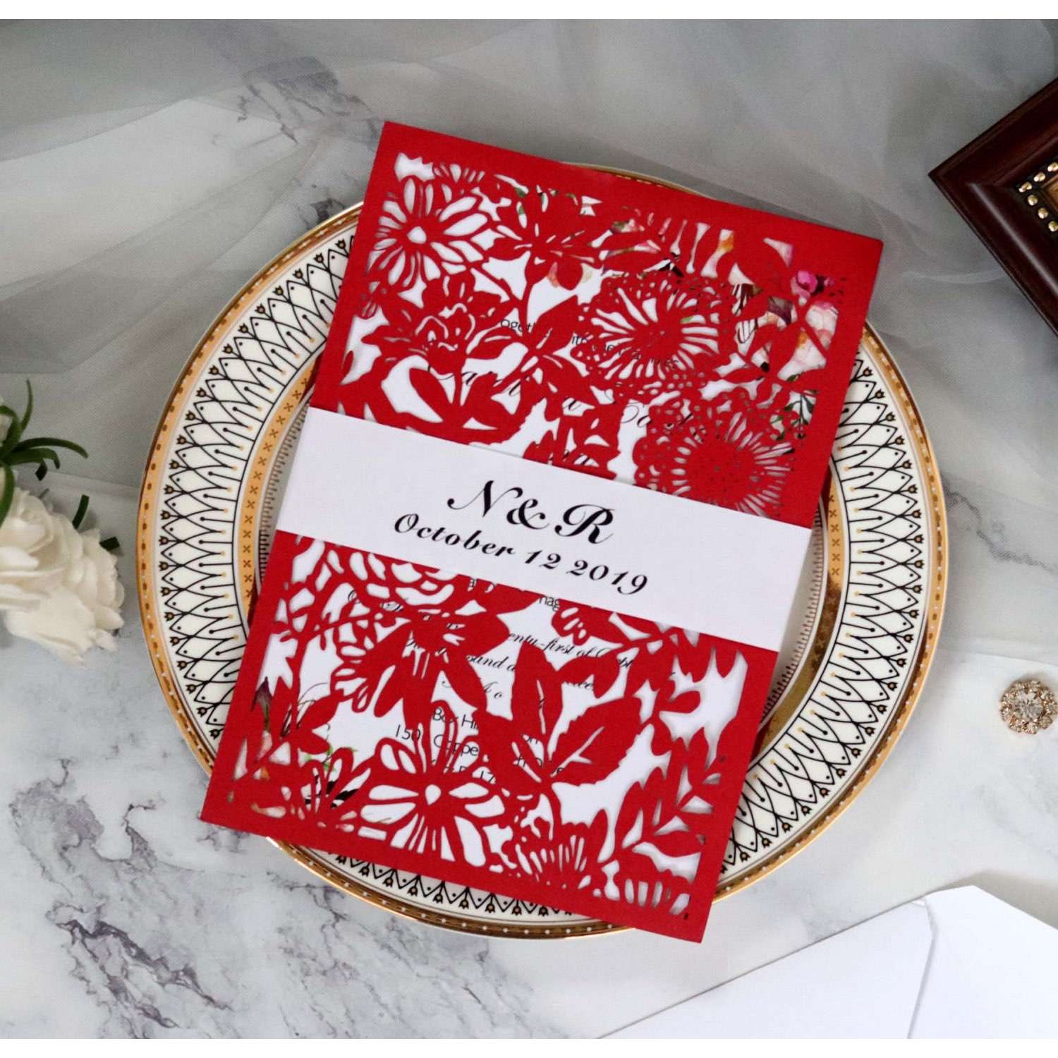 Red Invitation Wedding  Supplies Laser Cut Rose Marriage Invitation